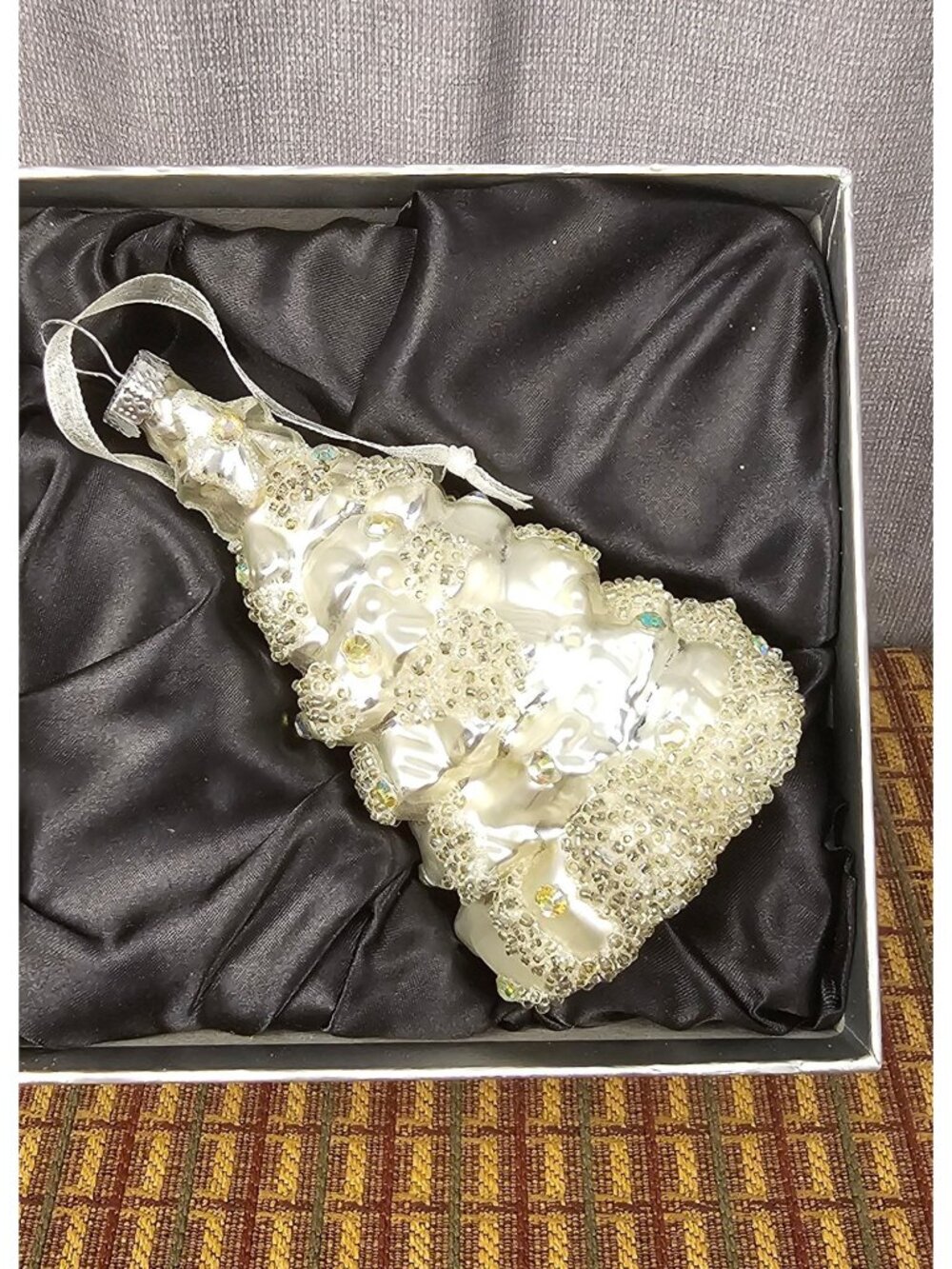 Glass Christmas Tree Ornament With Beaded & Rhinestone Accents Iridescent White